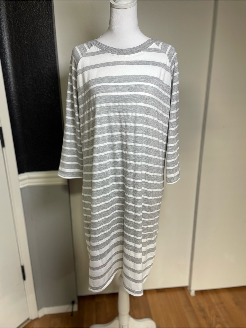 Tiana B. Gray & White Striped Midi Knit Dress